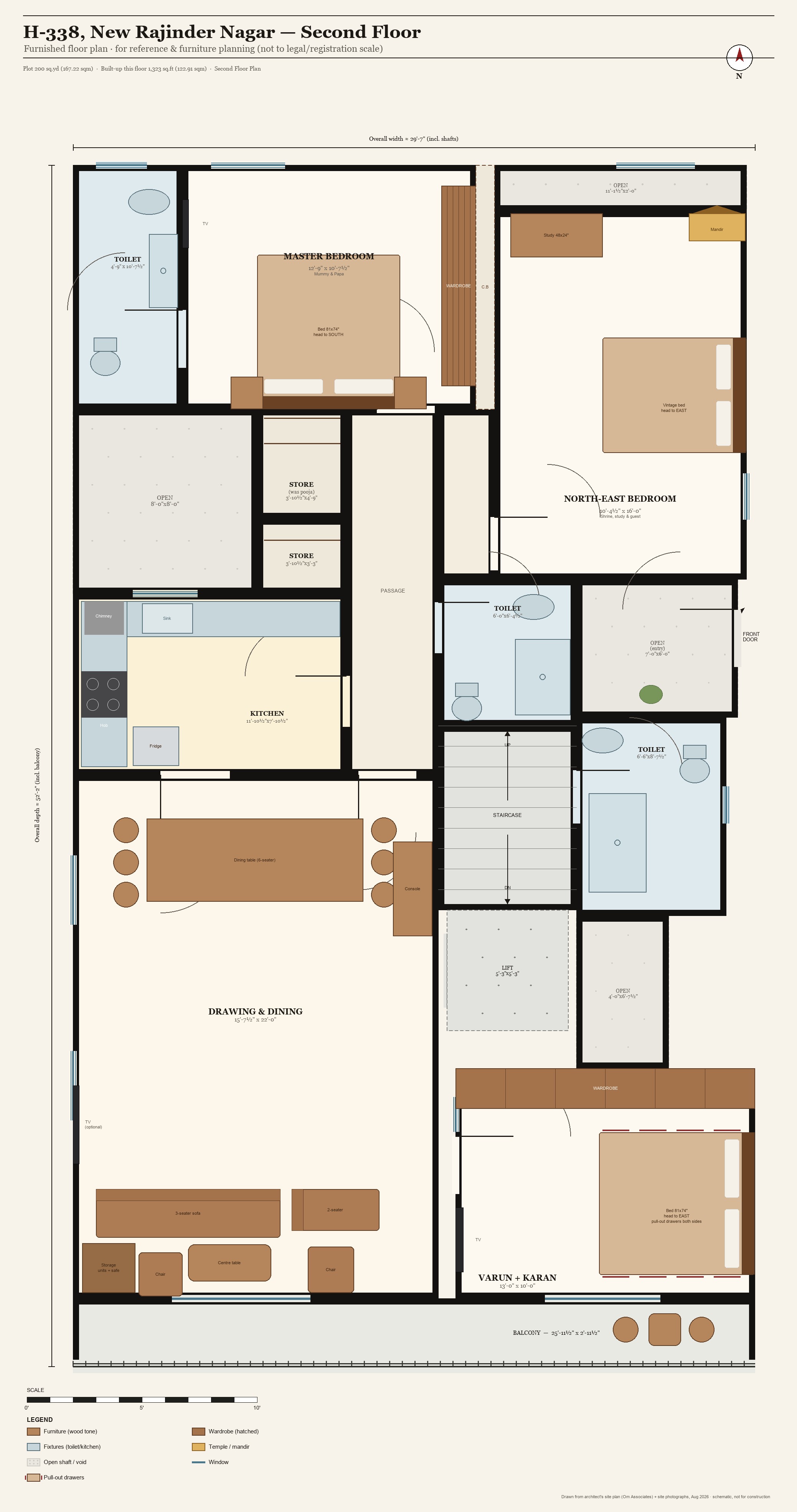 Furnished floor plan of the second floor, to scale